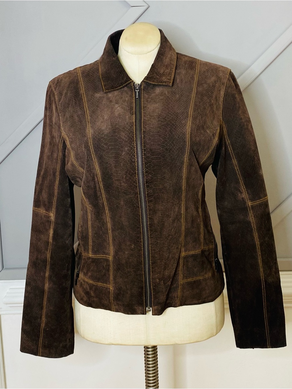 Bernardo Vintage Brown Suede Leather Jacket Zip Front Paneled Stitching Women XL